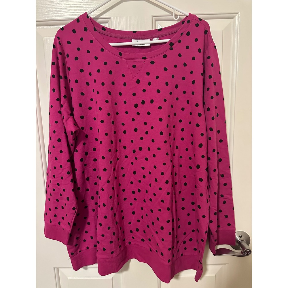 Denim & Co Sweatshirt Women 2X Pink Polka Dot Active Crewneck Long Sleeve Cotton